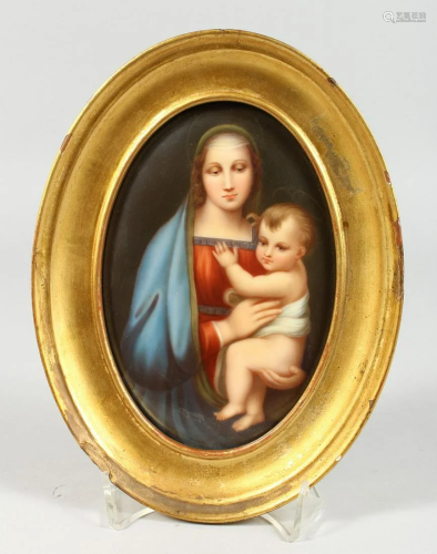 A GOOD OVAL PORCELAIN PLAQUE Madonna and child 6 x 4
