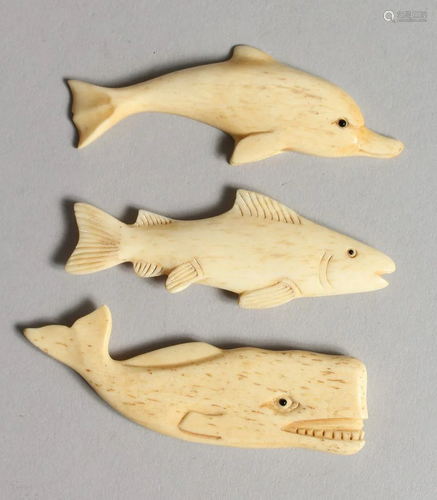 THREE CARVED BONE AQUATIC ANIMALS 3 ins long.