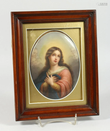 A GOOD K.P.M. OVAL PLAQUE, Madonna behind glass, in a