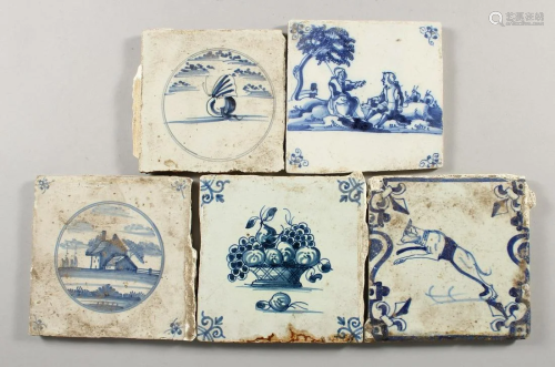 FIVE VARIOUS DELFT BLUE AND WHITE TILES.