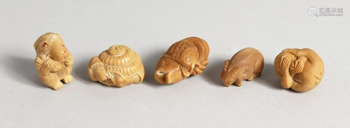 FIVE SMALL CARVED BONE ANIMALS, 1.25 ins