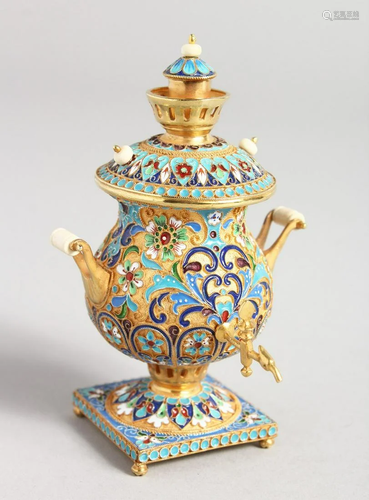 A GOOD SMALL RUSSIAN SILVER AND ENAMEL SAMOVAR 4.7ins