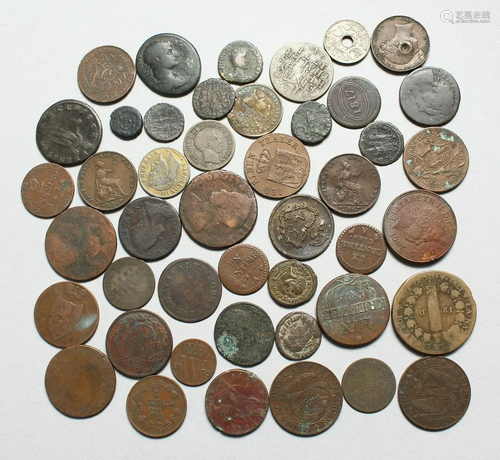 A MIXED LOT OF TOKENS AND COINAGE SOME ROMAN AND EARLY