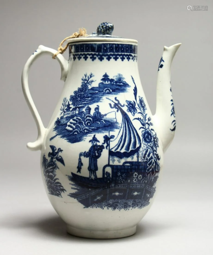 A CAUGHLEY BLUE AND WHITE WILLOW PATTERN COFFEE POT AND