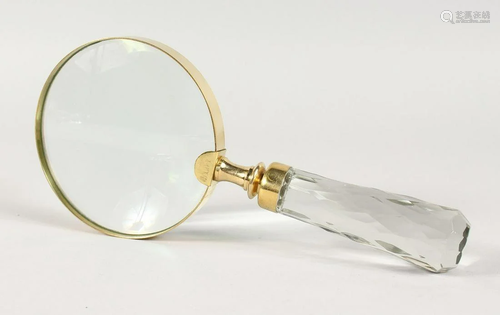 A CUT GLASS HANDLED MAGNIFYING GLASS