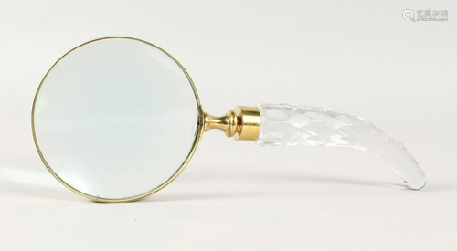 A CUT GLASS HANDLED MAGNIFYING GLASS