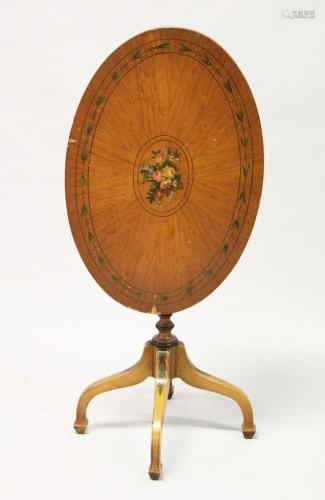 A SHERATON REVIVAL PAINTED SATINWOOD OVAL TILT TOP