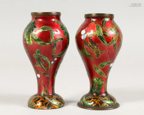 A SMALL PAIR OF 19TH CENTURY ENAMEL VASES. 4.5ins