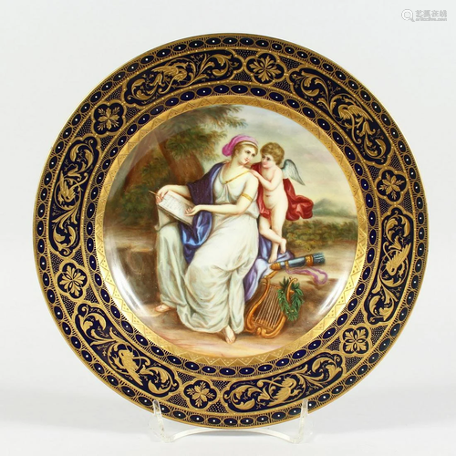 A GOOD VIENNA CIRCULAR PLATE,blue and gilt border, the