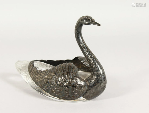 A SUPERB SILVER AND CRYSTAL SWAN 8 ins long