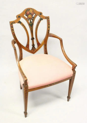 A SHERATON REVIVAL PAINTED SATINWOOD ARMCHAIR