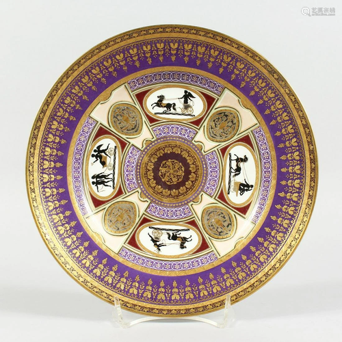 A GOOD VIENNA CIRCULAR PLATE, blue and gilt border, the