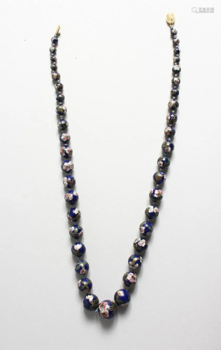 A CLOISONNE ENAMEL BEAD NECKLACE with gold clasp, 24