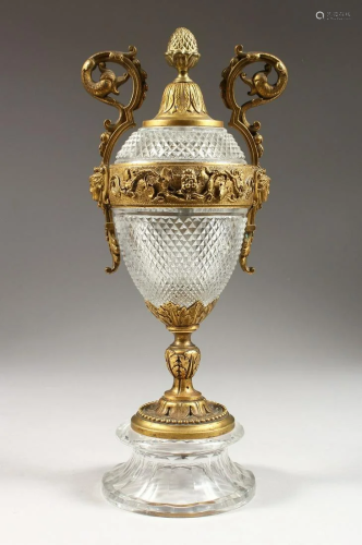 A HOBNAIL CUT ORMOLU MOUNTED TWO HANDLED VASE with