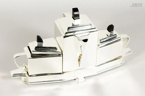 A CHRISTOPHER DRESSER STYLE PLATED TEA SET ON A STAND