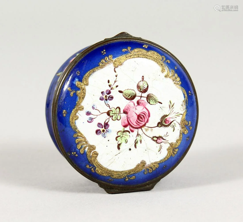 A FRENCH ENAMEL CIRCULAR BLUE SNUFF BOX.