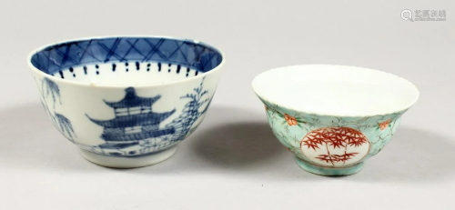 TWO CHINESE TEA BOWLS 3.5 ins x 4 ins diameter.