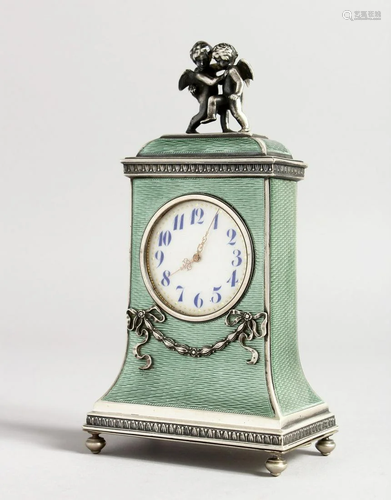 A SUPERB RUSSIAN SILVER AND ENAMEL CLOCK, the top with