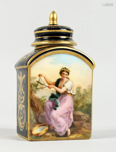 A GOOD VIENNA TEA CADDY AND COVER, BLUE AND GILT