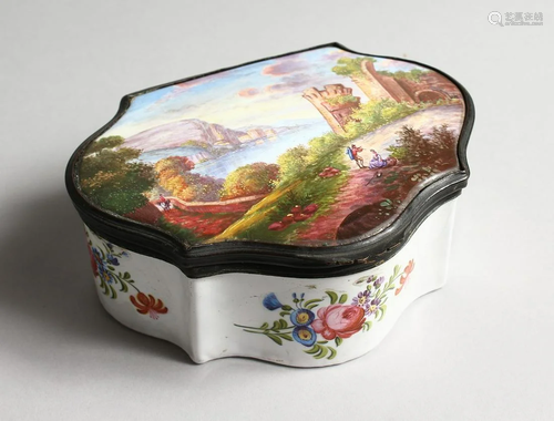 A LARGE ENAMEL BOX AND COVER the top painted with a