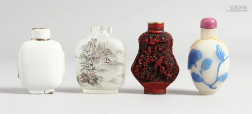 FOUR CHINESE SNUFF BOTTLES including a cinnabar lacquer