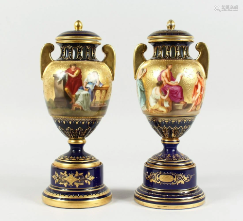 A SUPERB PAIR OF VIENNA TWO HANDLES VASES AND COVERS,