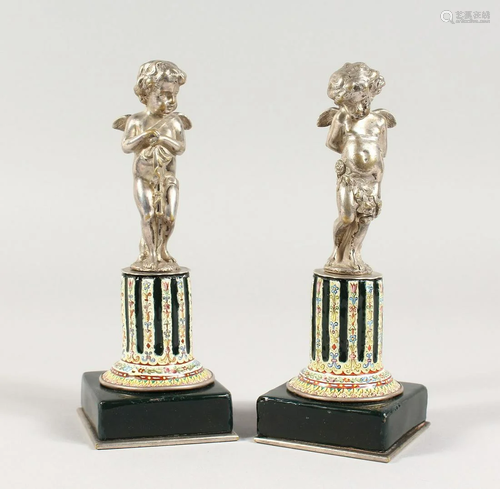 A SUPERB SMALL PAIR OF SILVERED BRONZE AND ENAMEL