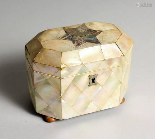 A GEORGIAN MOTHER OF PEARL TEA CADDY 5 ins high.