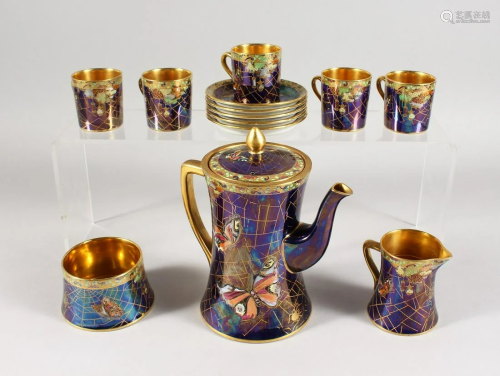 A CARLTON WARE BLUE BUTTERFLY COFFEE SET, comprising
