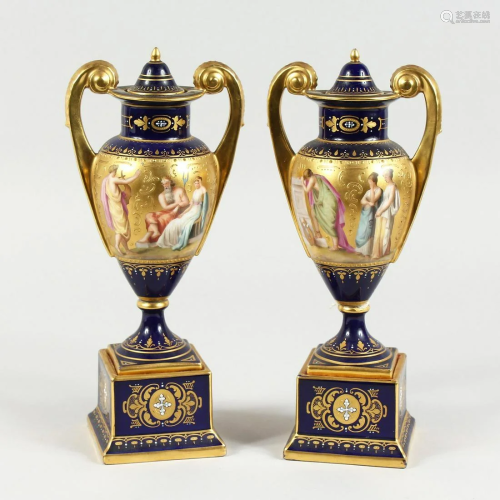 A SUPERB PAIR OF VIENNA TWO HANDLED VASES AND COVERS,