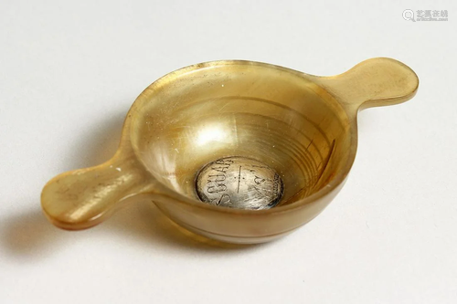 A TWO HANDLED HORN QUAICH with silver tablet engraved