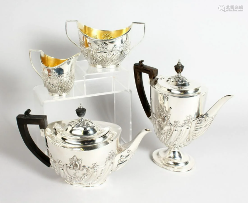 A GOOD VICTORIAN FOUR PIECE SILVER TEA SET, teapot, hot
