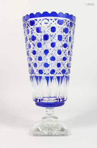 A CUT BLUE CRYSTAL BOHEMIAN TAPERING VASE on square