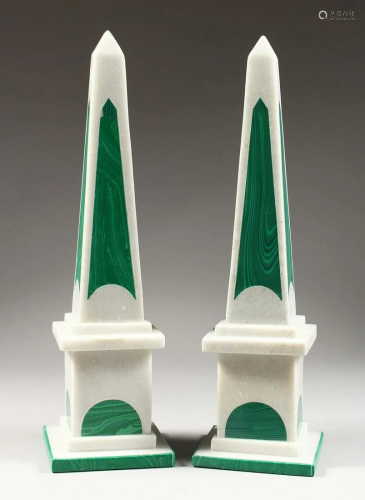A GOOD PAIR OF MARBLE AND MALACHITE OBELISKS 16.5 ins