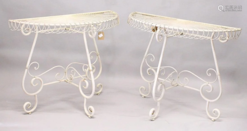 A GOOD PAIR OF WHITE PAINTED WIREWORK DEMILUNE TAB…