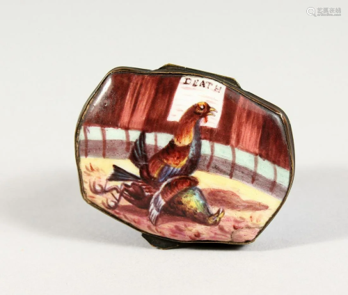 A BILSTON ENAMEL COCK FIGHTING SNUFF BOX.