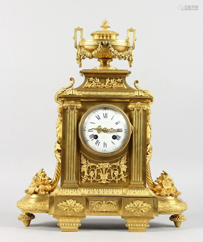 A VERY GOOD LOUIS XVI GILT ORMOLU MANTLE CLOCK, with