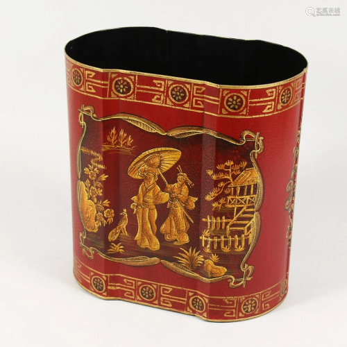A CHINESE DESIGN RED TOLE WARE BIN 12 ins high