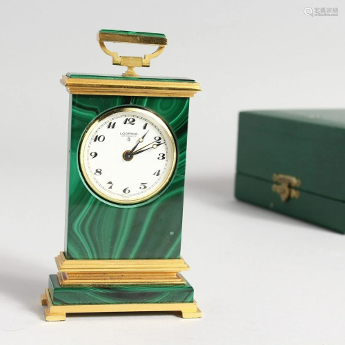 A LOOPING MALACHITE AND METAL CLOCK, 4 inches high in a