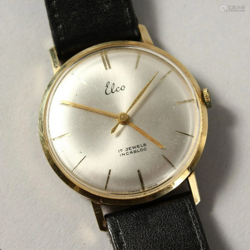 A 14CT GOLD ELCO WRISTWATCH with leather straps, No.