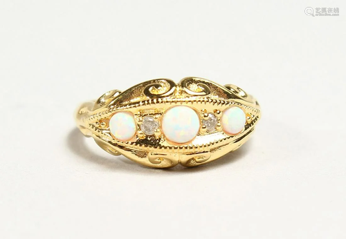 A SILVER GOLD PLATED AND OPAL DIAMOND RING