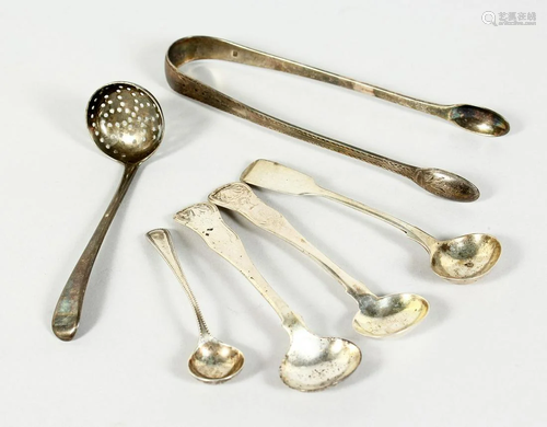 A GEORGE III SILVER BRIGHT CUT SUGAR TONGS AND FIVE