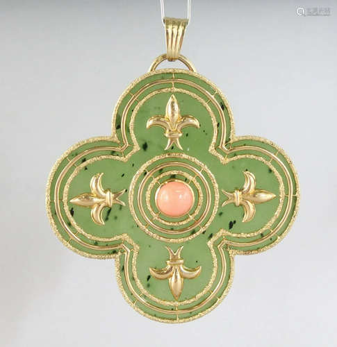 A SUPERB 18CT GOLD, ALHAMBRA AND CORAL PENDANT,