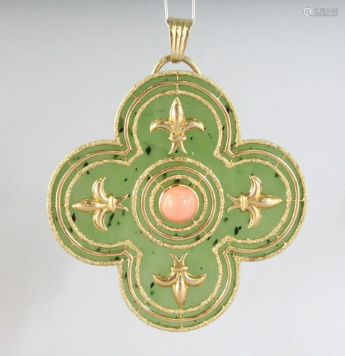 A SUPERB 18CT GOLD, ALHAMBRA AND CORAL PENDANT,