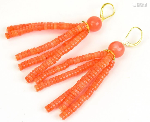 Pair Carved & Beaded Coral Tassel Design Earrings