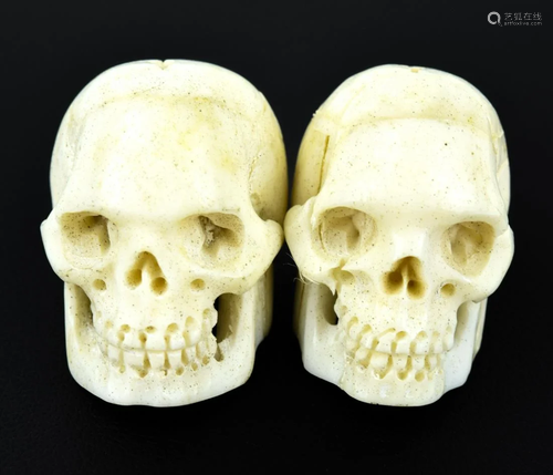 Pair Hand Carved Bone Memento Mori Skull Pendants