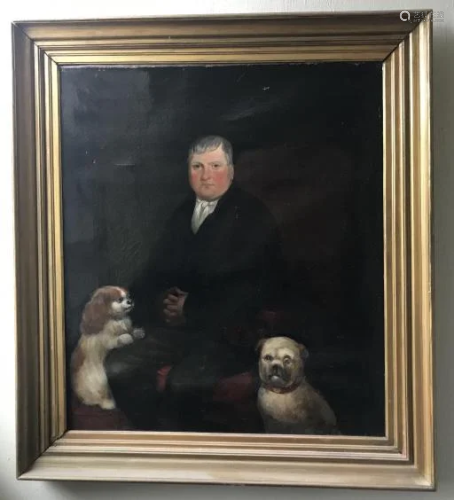 Antique 19th C Painting of a Gentleman & Dogs