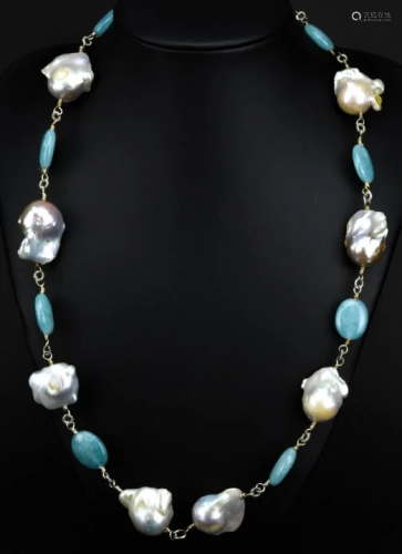 Cultured Baroque Pearl & Blue Chalcedony Necklace
