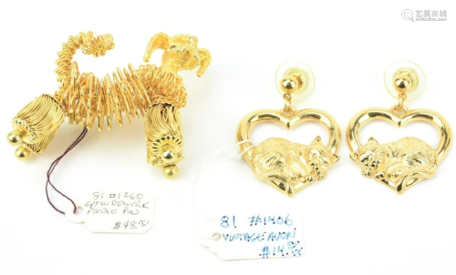 Pair of Costume Jewelry Cat Earrings & Dog Brooch