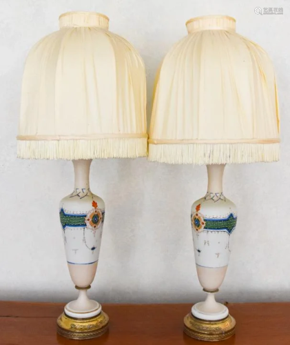 Pair Antique 19th C Hand Painted Satin Glass Lamps